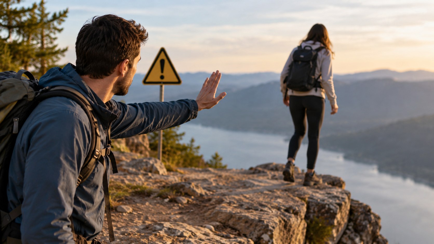 A hiker signals caution to a companion beside a warning sign on a mountain overlook.